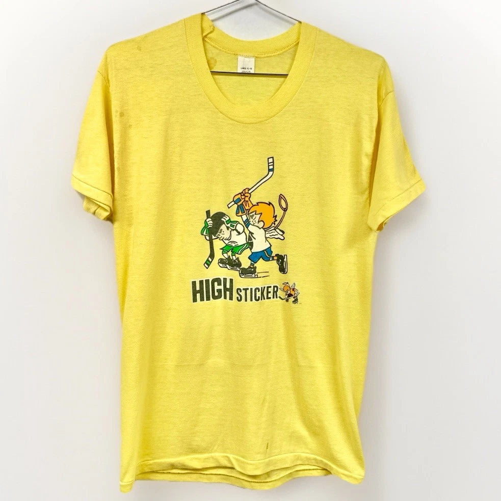 Vintage Minnesota Fighting Saints Hockey T Shirt Yellow L Soft Thin High Sticker