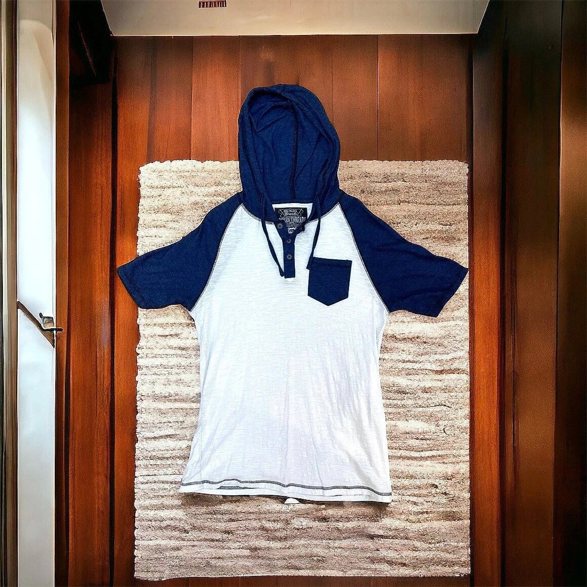Broken Threads Hooded T Shirt Blue White Medium