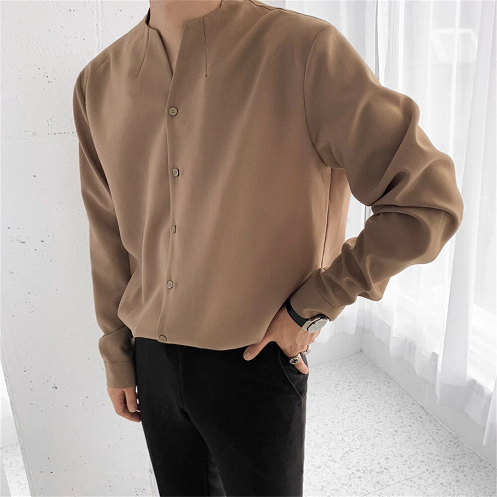 Men's Solid Shirt Casual Slim Printed Shirts Long Sleeve Button Tops Blouse