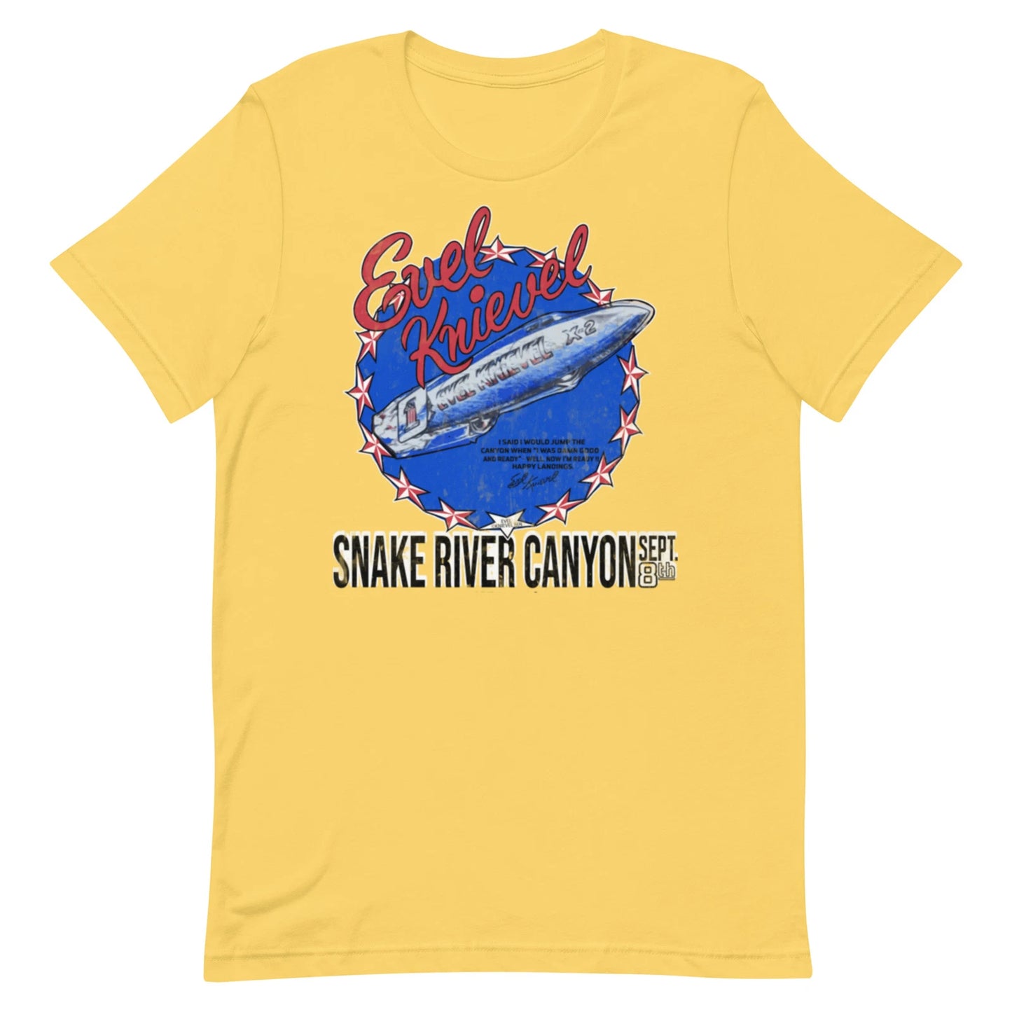 Evel Knievel 1974 Snake River Jump Tee Vintage Gold Graphic Shirt Sizes S-4XL