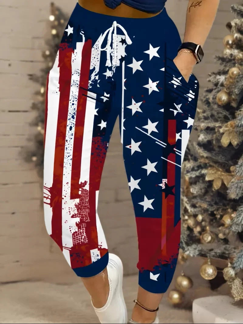 new Women's Casual 3D American Flag Print Drawstring Pants with Pockets