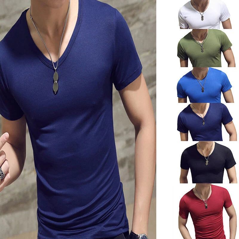 Mens Short Sleeve V-Neck T-shirt Stretch Undershirt Casual Solid Slim Fit Tops⇔