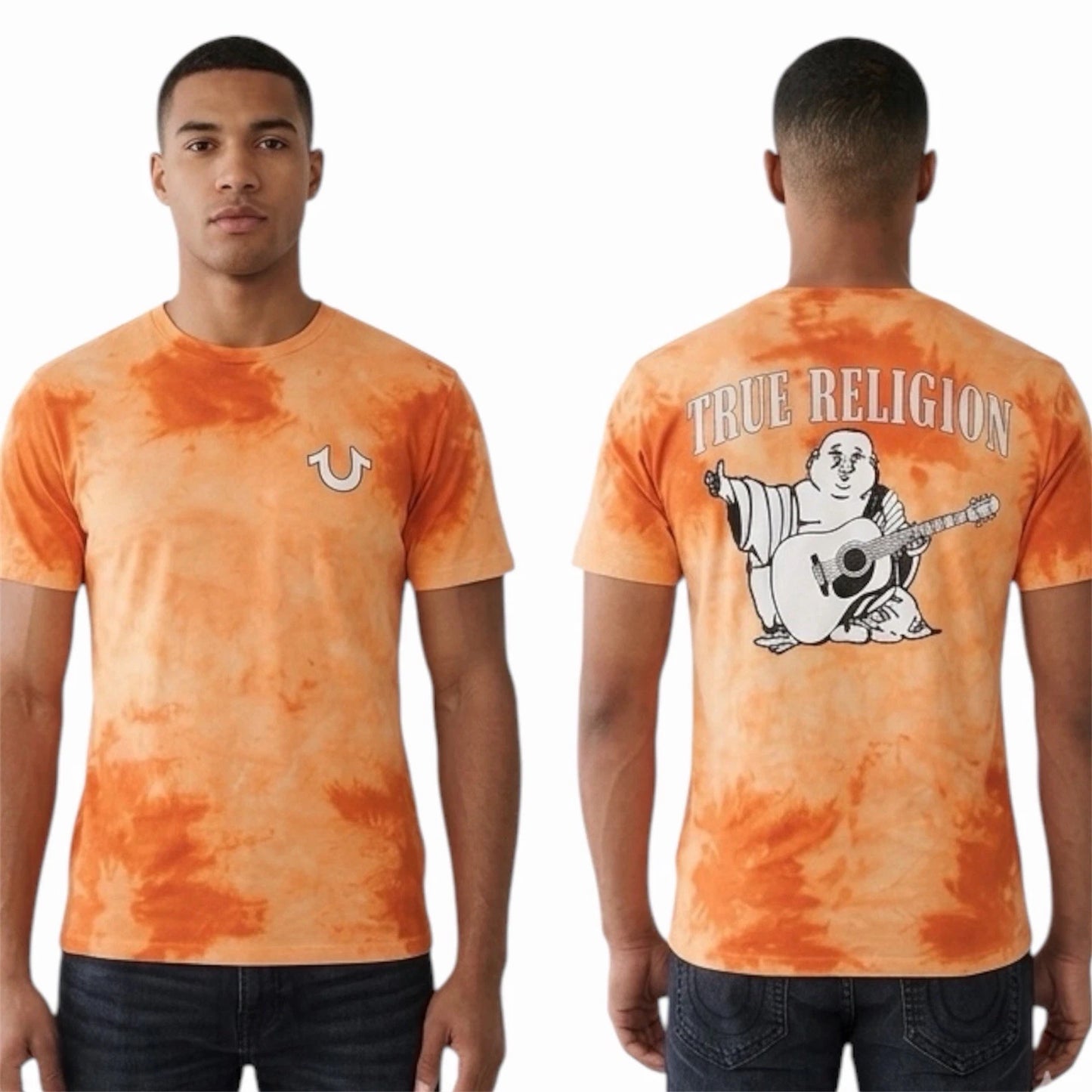 $79 TRUE RELIGION Orange BUDDHA TIE DYE Short Sleeve Designer Graphic T-shirt