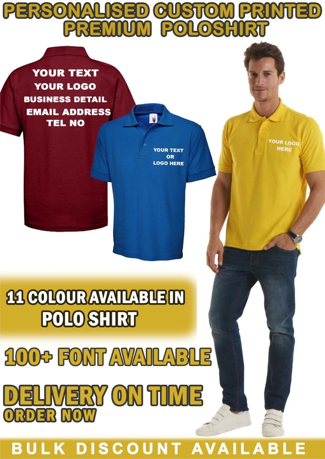 Custom Printed Personalised Premium Polo Shirt your text logo unisex workwear
