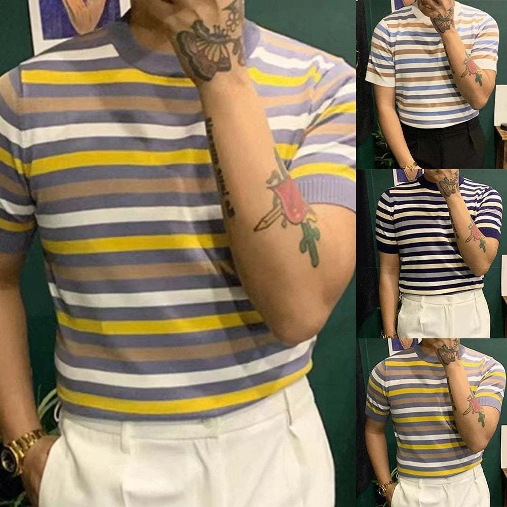 Hot Men's Slim Fit Short Sleeve T Shirt Casual Summer Striped Contrast Style