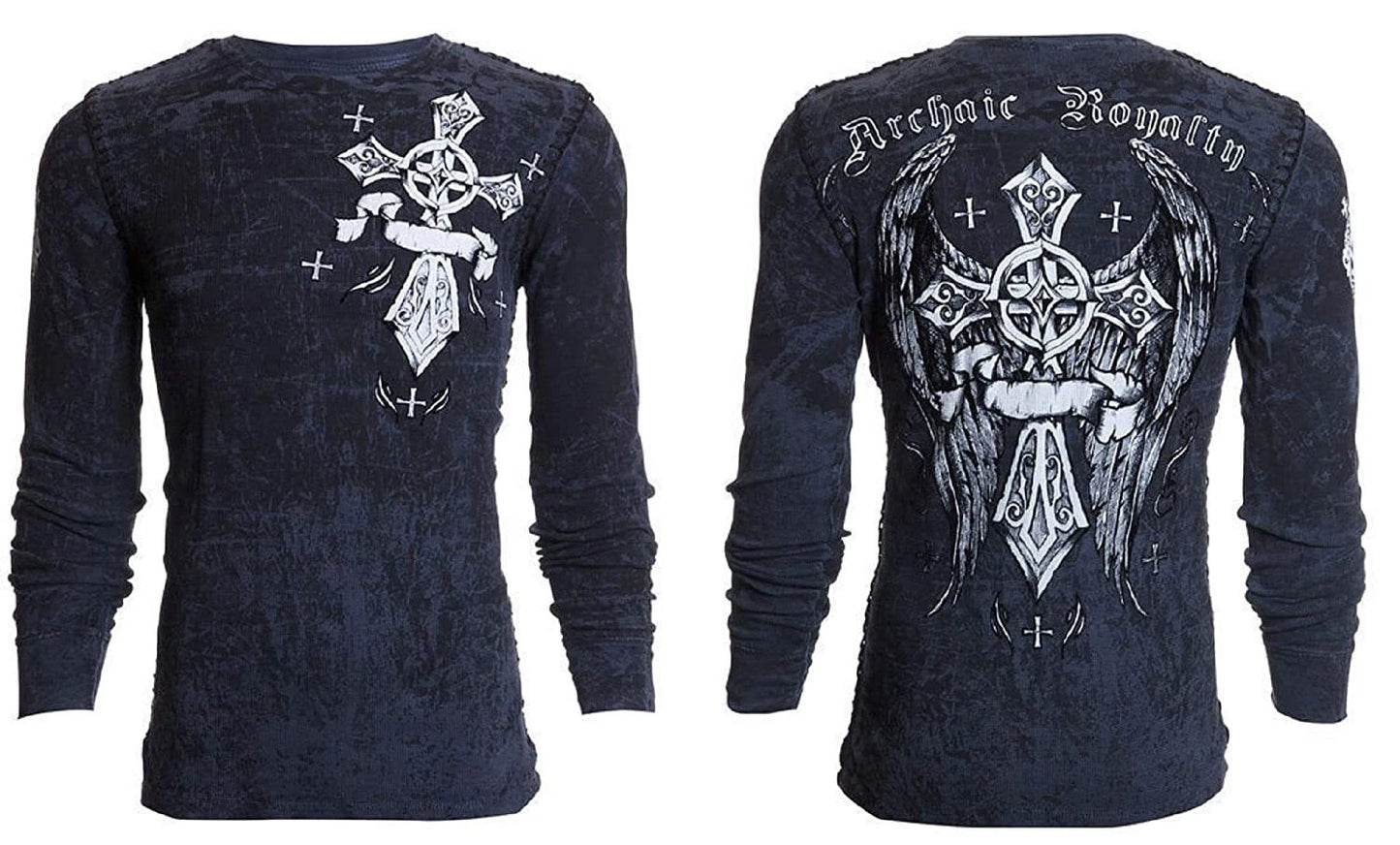 Archaic by Affliction Men's Thermal Shirt COUNTDOWN Wings Skull Biker Charcoal
