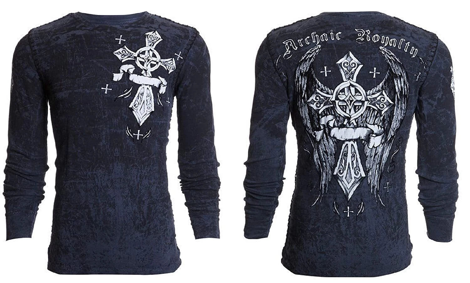 Archaic by Affliction Men's Thermal Shirt COUNTDOWN Wings Skull Biker Charcoal