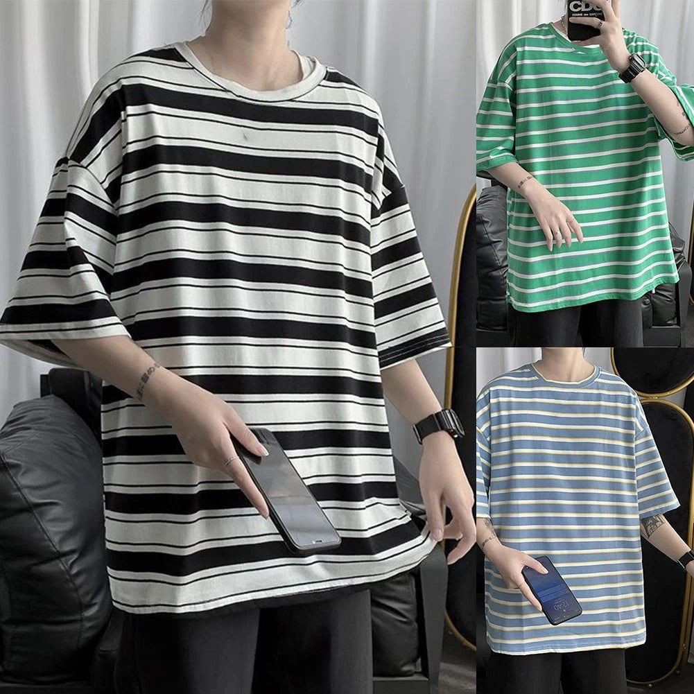 Men's Stylish Short Sleeve Striped T Shirt Blouse Perfect for Casual Outings