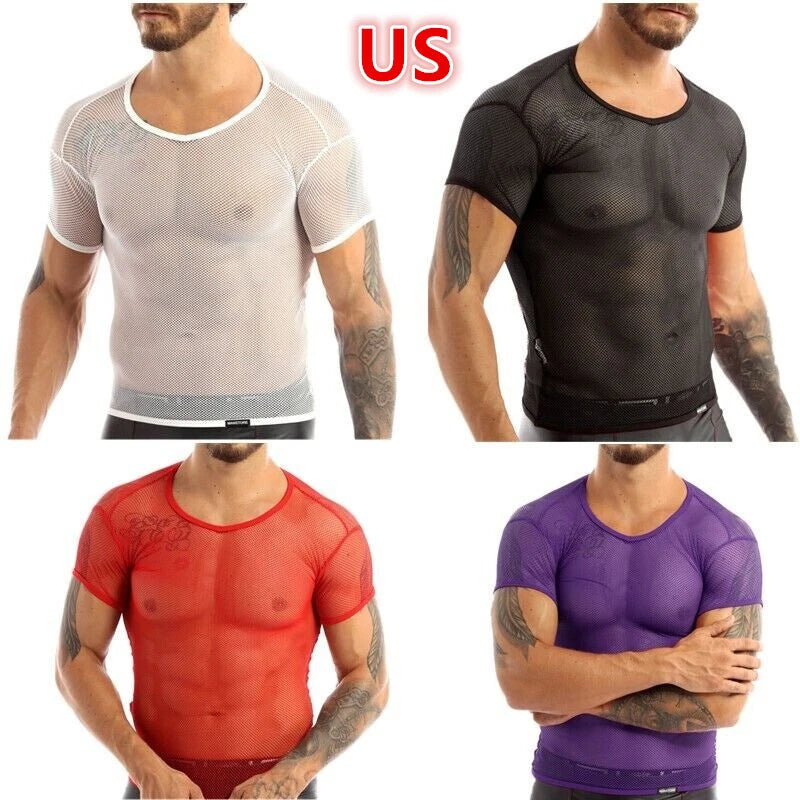 Men's See Through T-Shirt Fishnet Mesh Sheer Clubwear Short Sleeve Shirts Tops