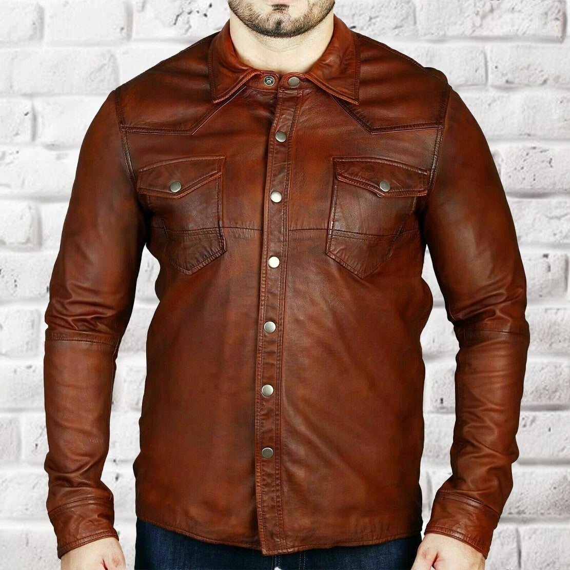 Men’s Luxury Tan Lambskin Leather Shirt Jacket Real leather Slim Fit partywear