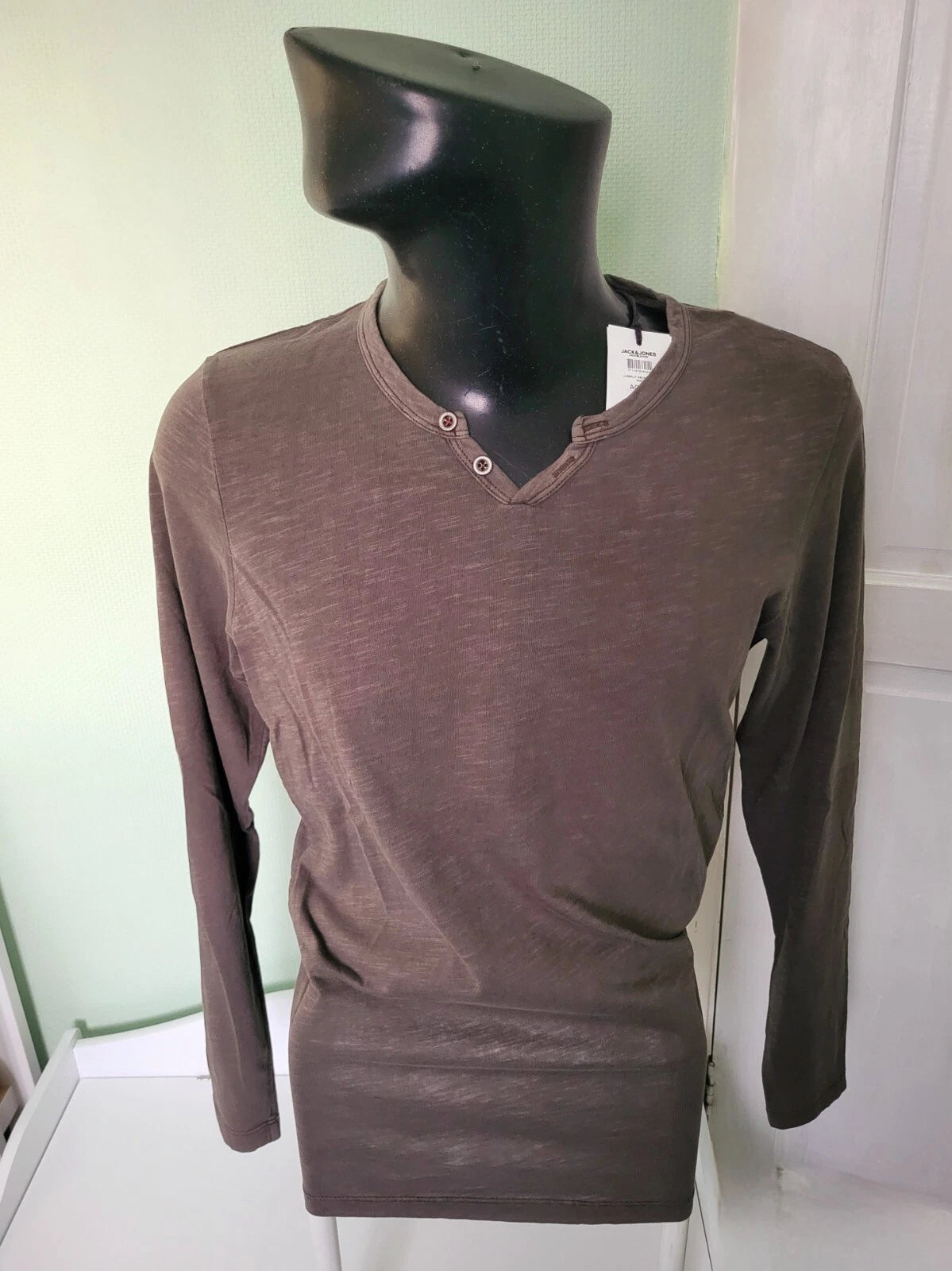 Jack & Jones Split Neck Men Khaki Casual Long Sleeve, Medium Size