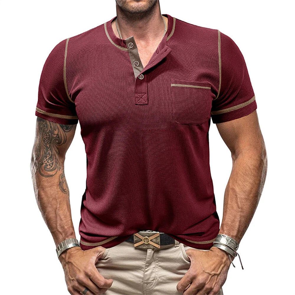 Mens Waffle Henley Shirt Casual Shirts Short Sleeve Button Tops Blouse