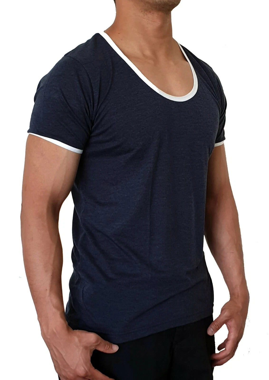MENS SCOOP NECK T SHIRT CONTRAST DARK HEATHER BLUE SLIM FIT CASUAL GYM FASHION