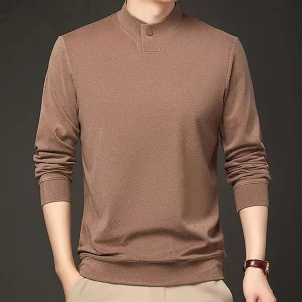 Men Long Sleeve Tee Stand Collar Top Long Sleeves Stand-up Collar Single Button
