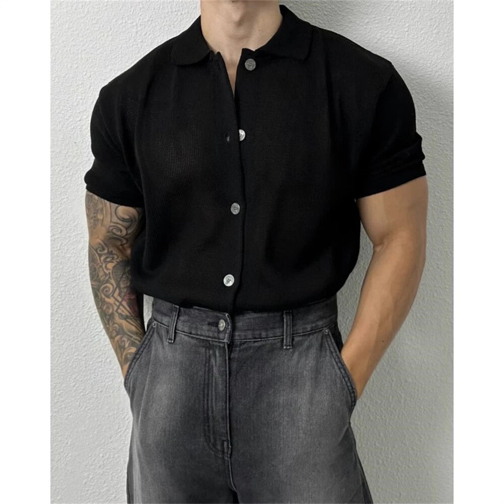 Men's Knitted Shirt Casual Slim Shirts Short Sleeve Button Down Tops Blouse