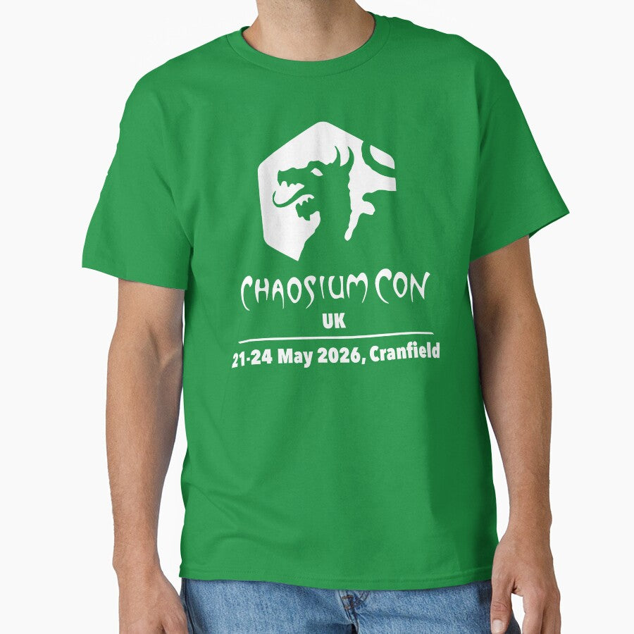 Chaosium Con UK 2026 Official T-Shirt - White Logo by Chaosium