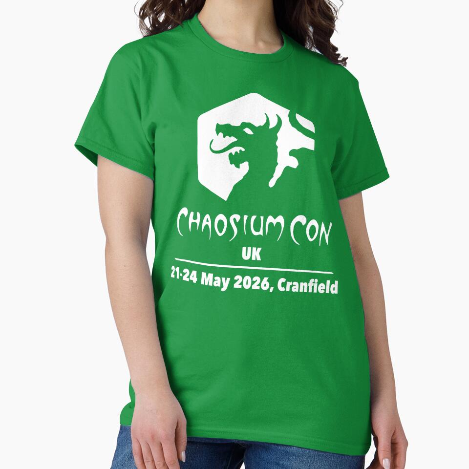 Chaosium Con UK 2026 Official T-Shirt - White Logo by Chaosium