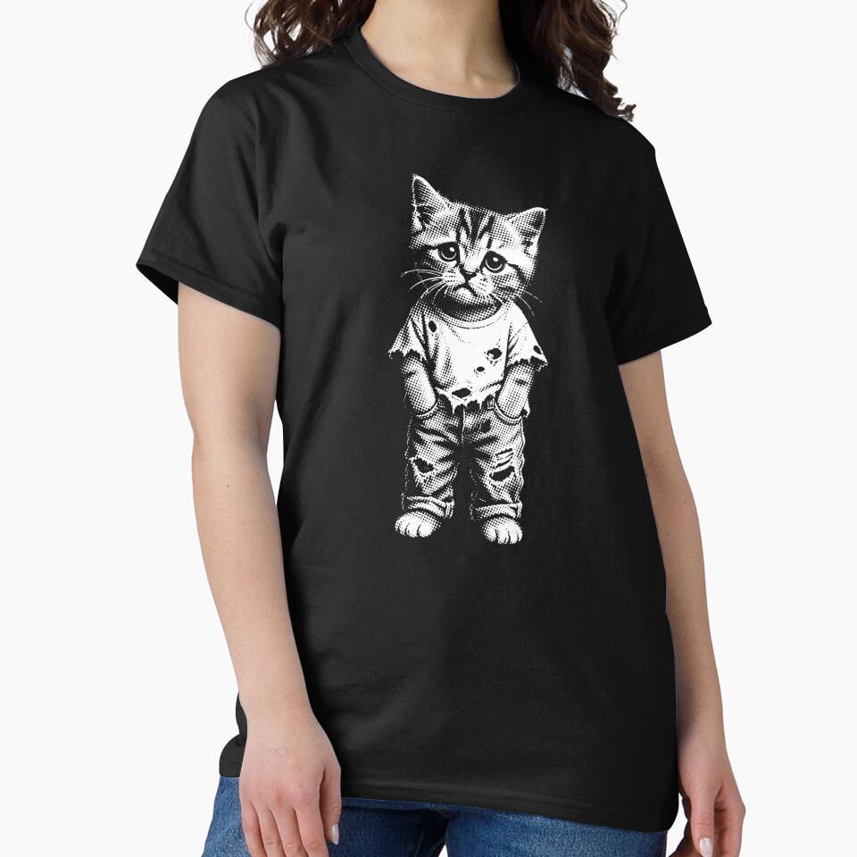 Cute Grunge Kitten in Oversized T-Shirt – Black & White Halftone Cat Aesthetic by PosiMCreations