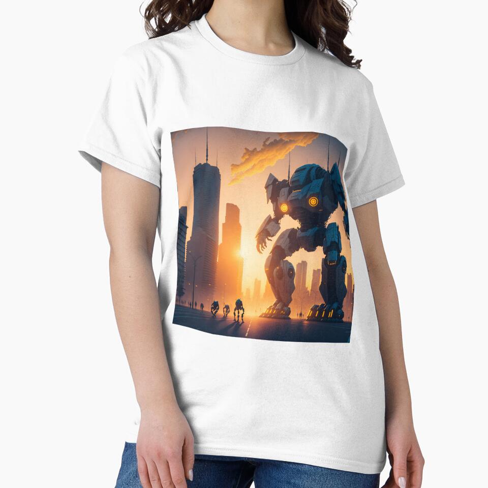 Robot in modern city at sunset by Kazujoshi-Art