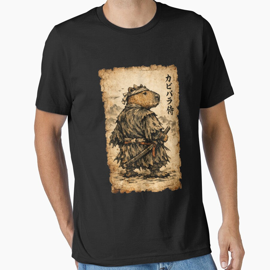 Retro Vintage Japanese ink art, samurai Capybara illustration by jolihanot