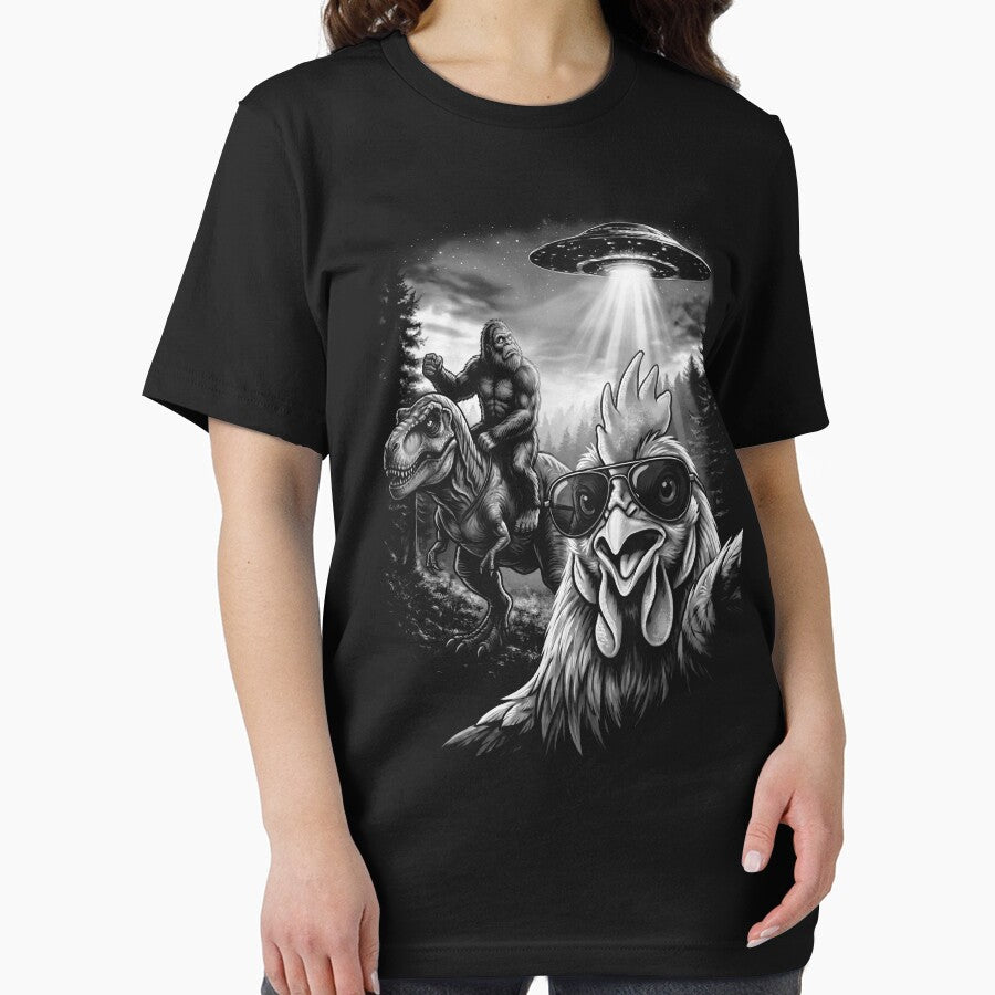 Funny Graphic Cat Selfie with Bigfoot Riding T Rex Dinosaur by UniTeeCo