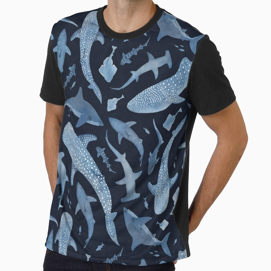 Monochrome blue watercolour shark ocean on black by adenaJ