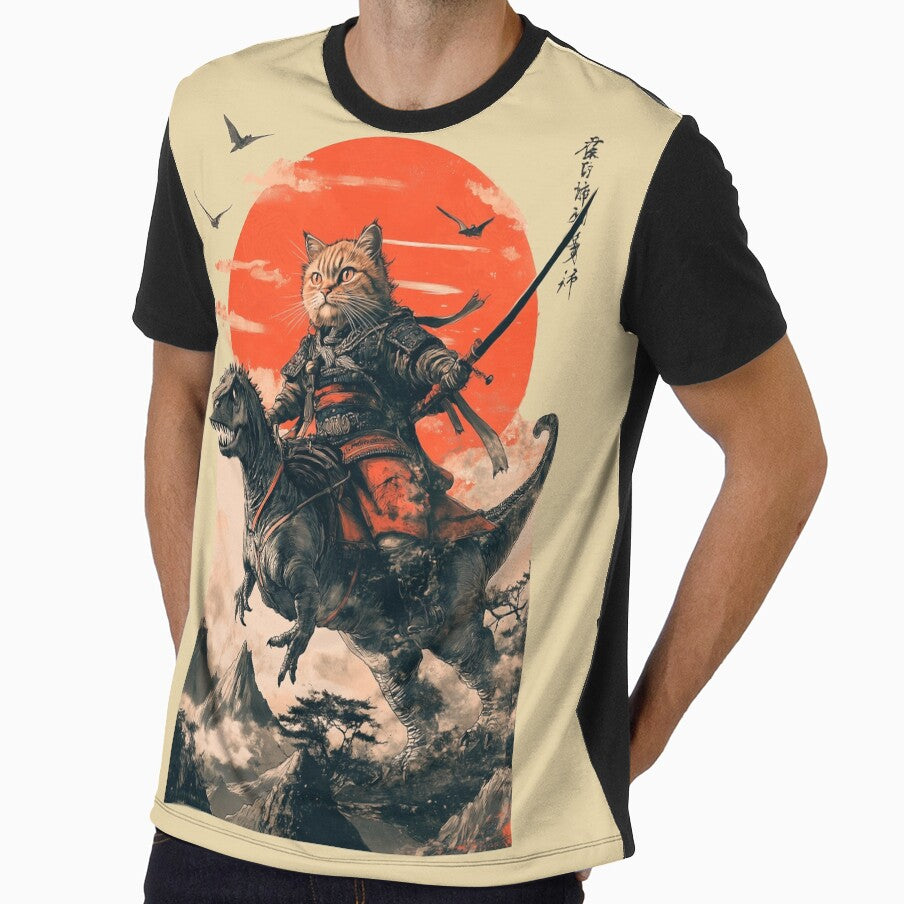 Samurai cat riding a dinosaur by TheSamuraiCat