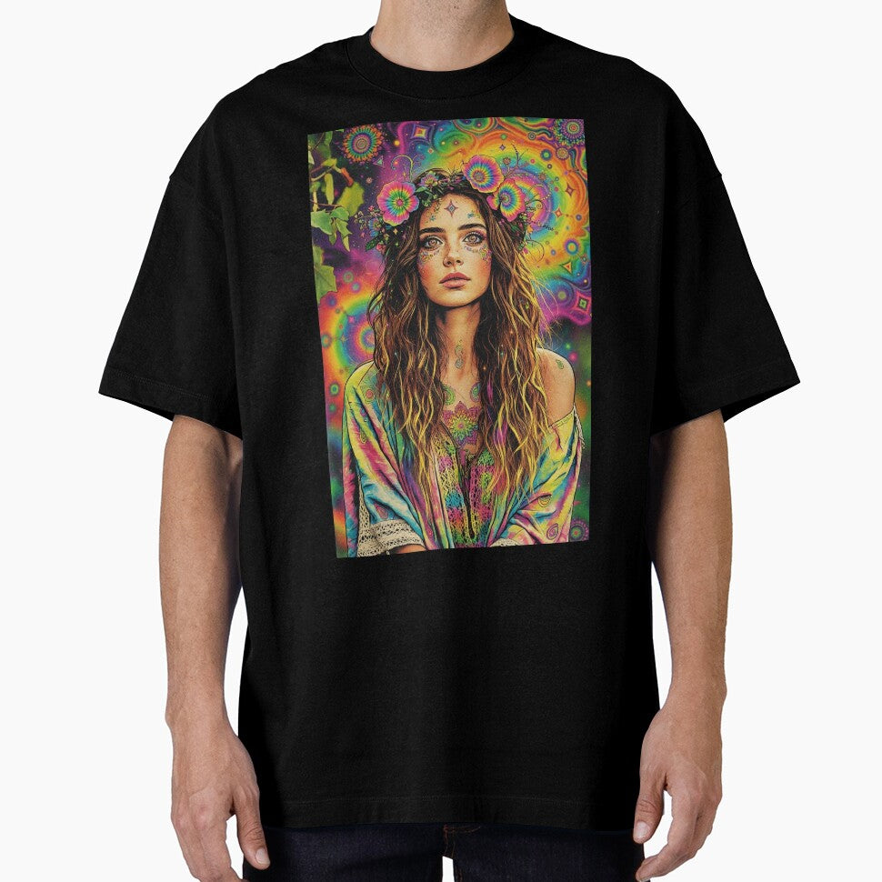 Psychedelic Hippie Goddess - Rainbow Flower Crown & Tie-Dye Portrait by David Brookes Digital