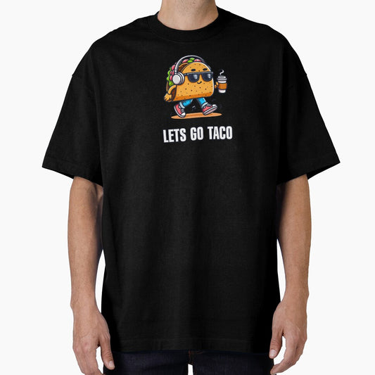 Funny walking taco with headphones and coffee – cute food pun illustration for taco lovers, music fans and humor art by All-Of-Art