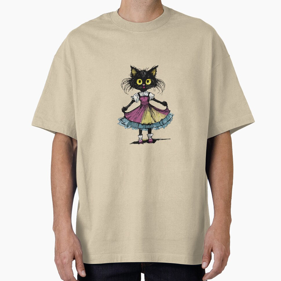 small black cat grumpy with thin legs in a dress by Firas Aljazzar