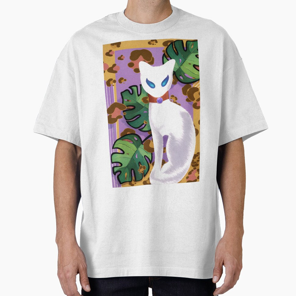 Mystic White Cat with Monstera Leaves by Artondra Hall