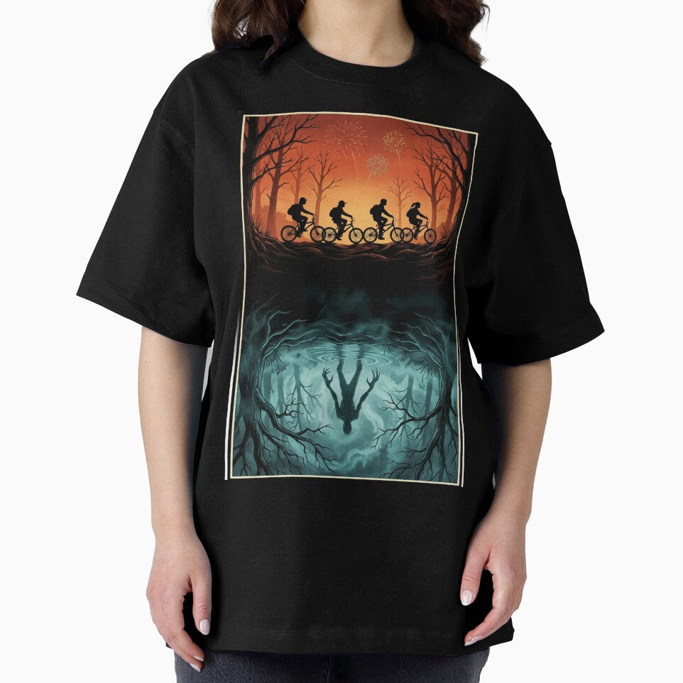 Retro Sci-Fi Forest Scene Kids on Bikes & Shadow Monster Reflection by RosetteArtists