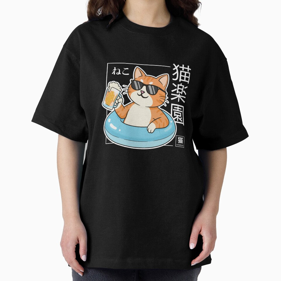 Cat Paradise 猫楽園 | Pool Float Cat Shirt | Japanese Summer Cat Design WHITE by Cats&Kanji