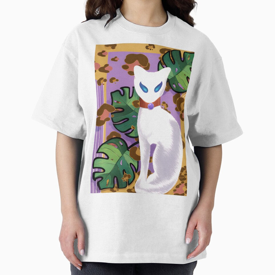 Mystic White Cat with Monstera Leaves by Artondra Hall