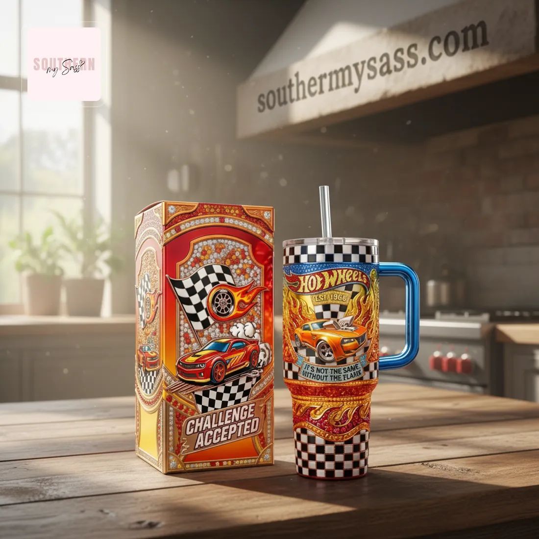 Wheels EST. 1968 Racing Flame Premium Tumbler With Handle
