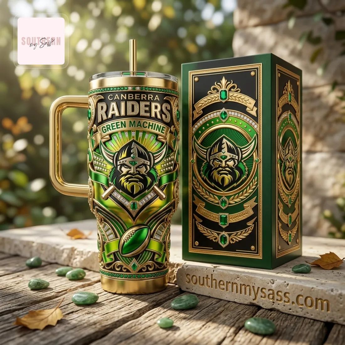 Canberra Raiders Green Machine Luxury Ornate Gold Embellished Tumbler