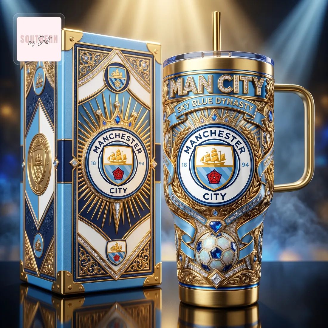 Manchester City Luxury Gold Accented 40oz Insulated Tumbler With Handle