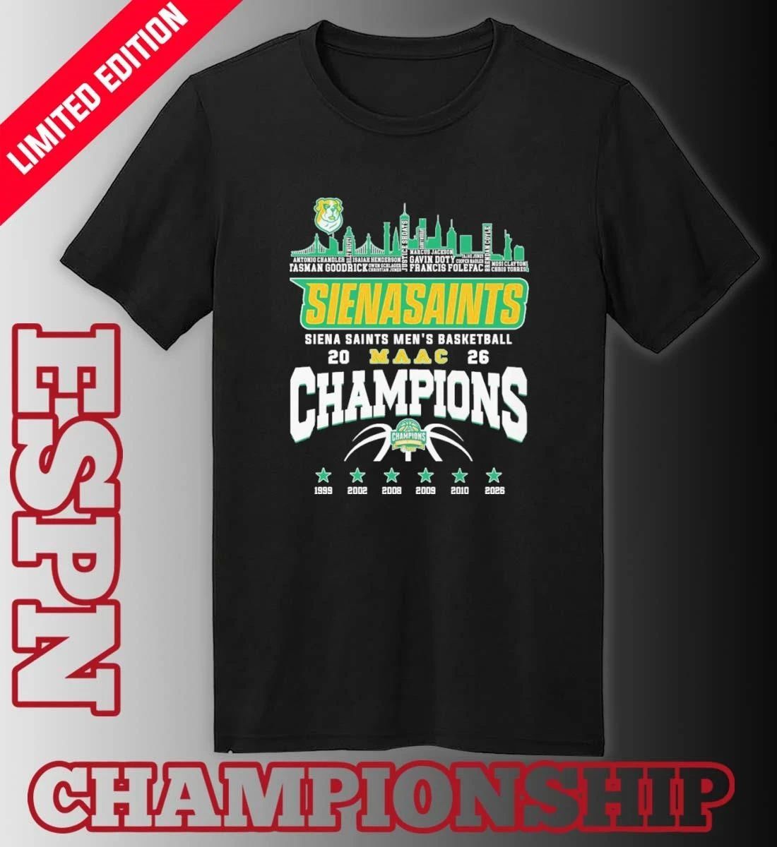 Siena Saints Men’s Basketball 2026 MAAC Conference Champions Skyline Player Name Shirt