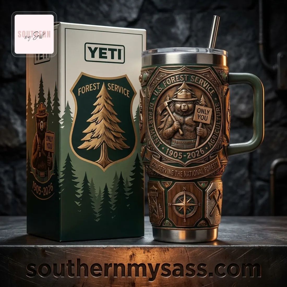 Smokey Bear U.S. Forest Service Commemorative 40oz Embossed Tumbler with Handle