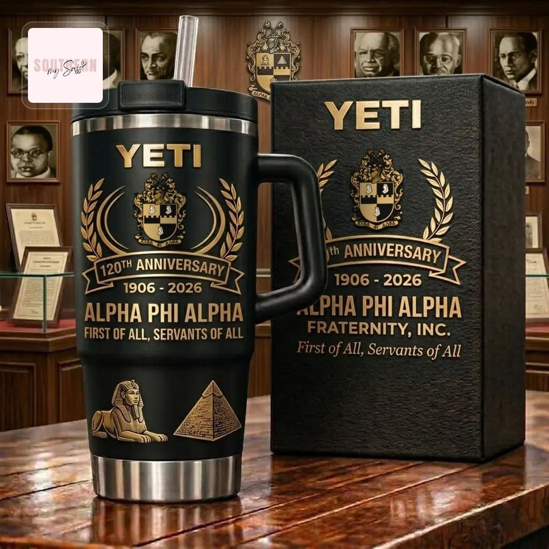 Alpha Phi Alpha 120th Anniversary Commemorative Black Gold YETI Handled Tumbler