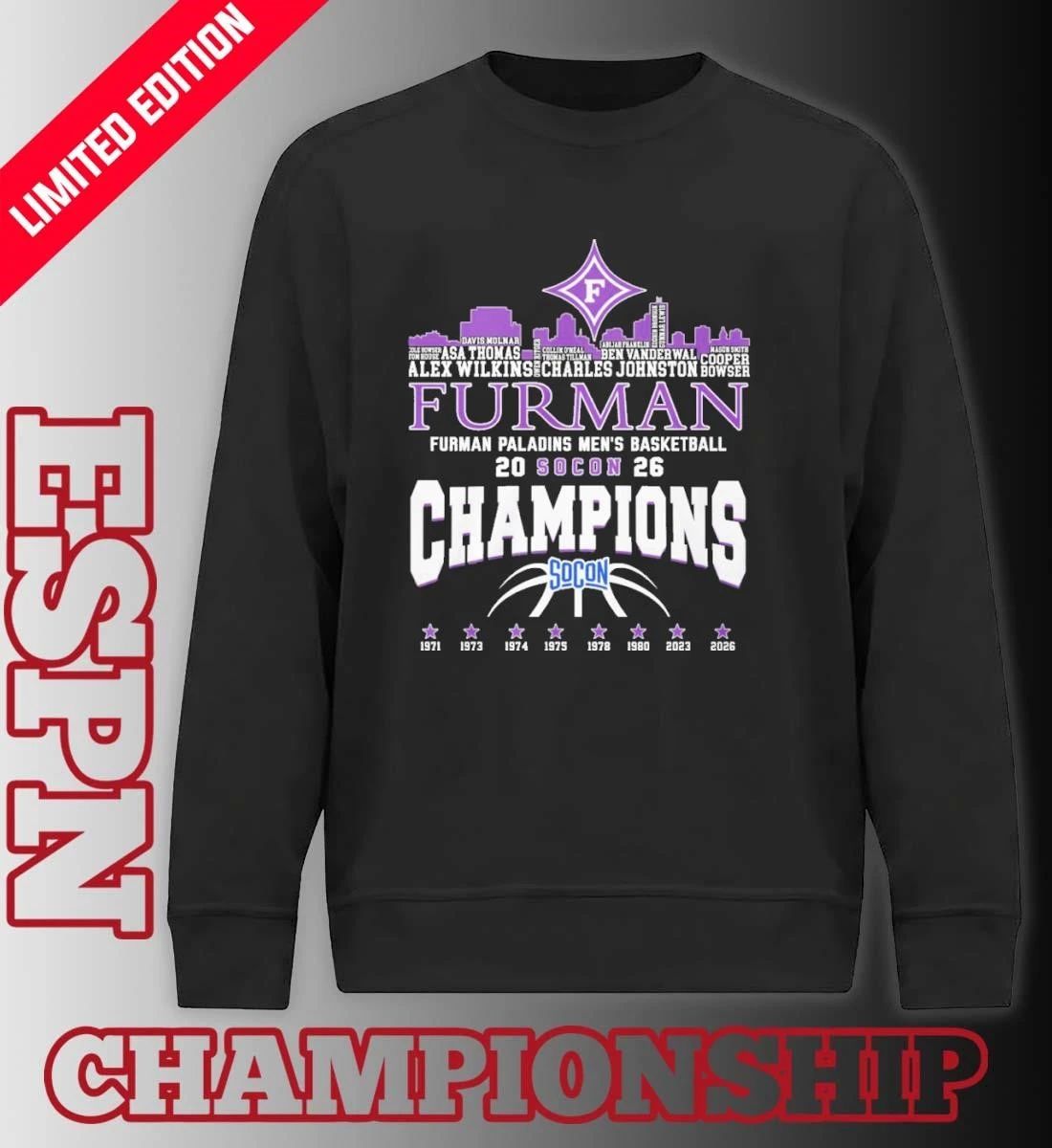 Furman Men’s Basketball 2026 Socon Champions Skyline Player Name Shirt