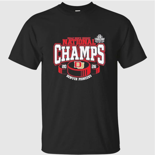Denver Pioneers 2026 NCAA Frozen Four Men’s Ice Hockey National Champions Hockey Puck T-Shirt