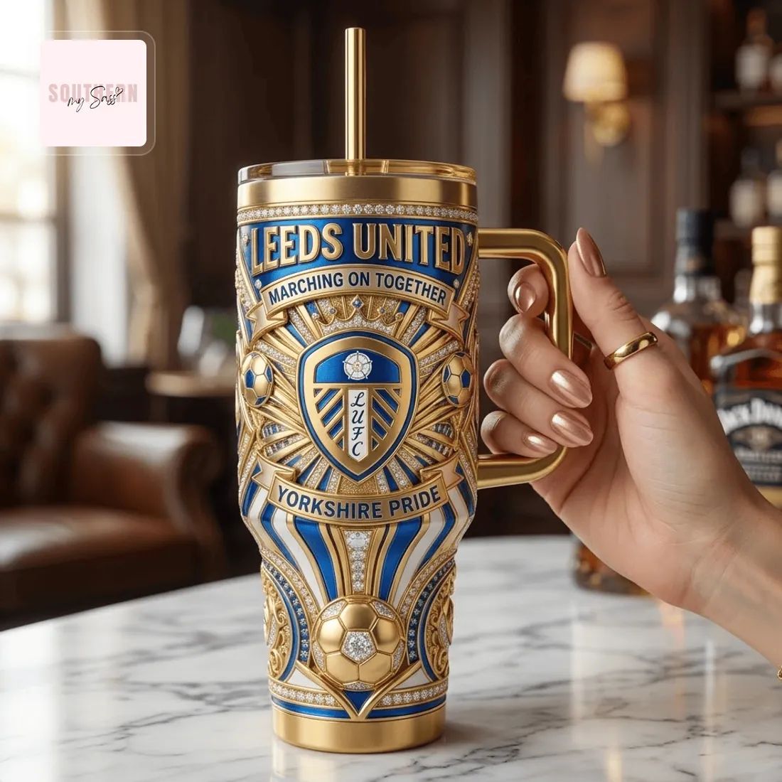 Leeds United Luxury Gold Diamond-Style 40oz Insulated Tumbler With Handle
