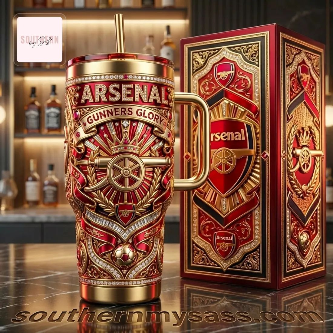 Arsenal Luxury Diamond Embellished Gold 40oz Tumbler with Handle