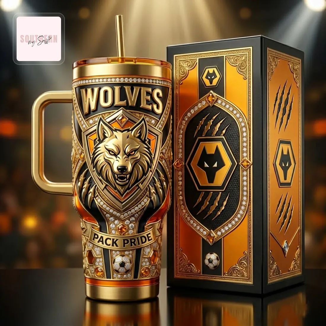 Wolverhampton Wanderers Wolves Luxury Gold 40oz Diamond Insulated Tumbler with Handle