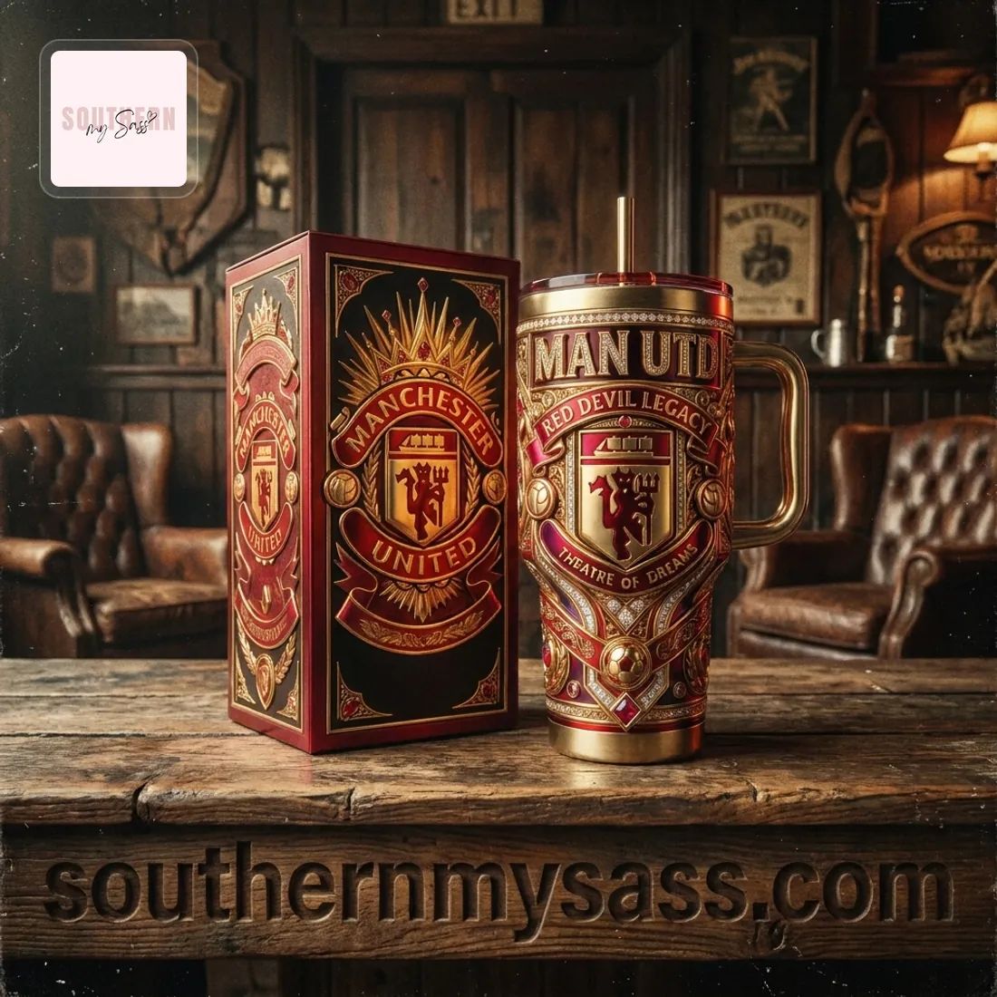 Manchester United Red Devils Luxury Gold Diamond 40oz Insulated Tumbler With Handle