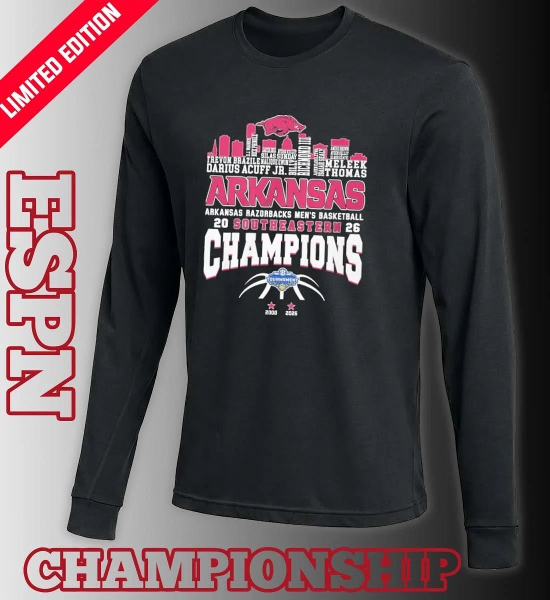 Arkansas Men’s Basketball 2026 SEC Conference Champions Skyline Player Name Shirt