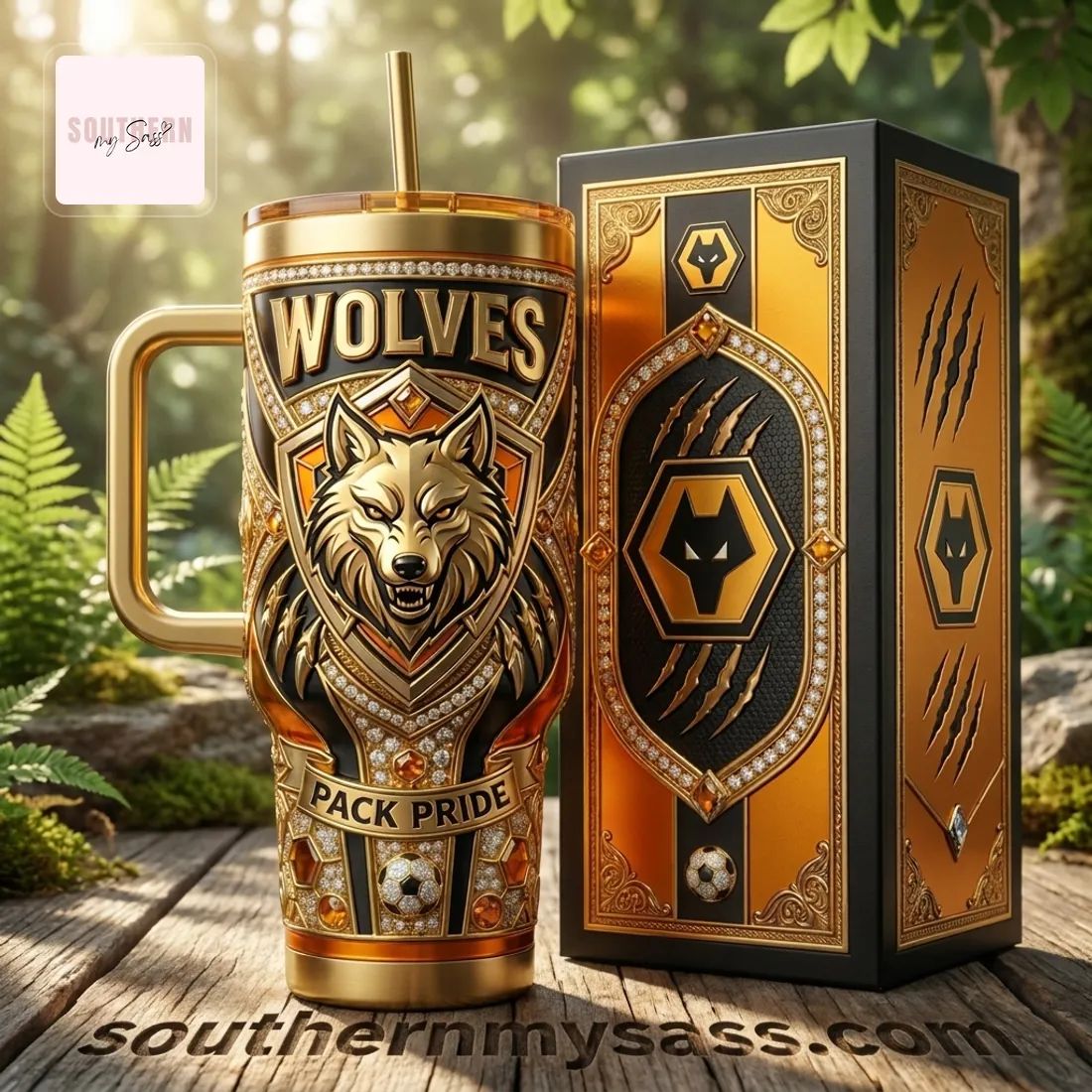 Wolverhampton Wanderers Wolves Luxury Gold 40oz Diamond Insulated Tumbler with Handle