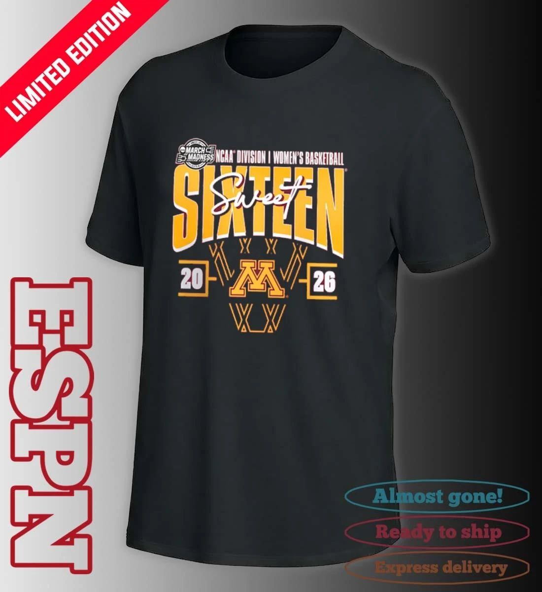 Minnesota Golden Gophers 2026 NCAA Women’s Basketball Tournament March Madness Sweet 16 Court Shot T-Shirt