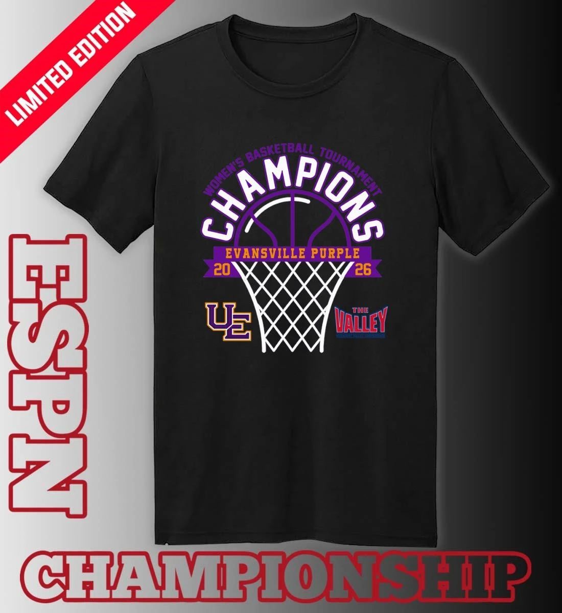 Evansville Purple 2026 Missouri Valley Conference Women’s Basketball Tournament Champions Shirt